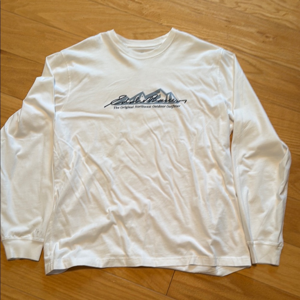 White Long Sleeve Tee with Mountain Graphic